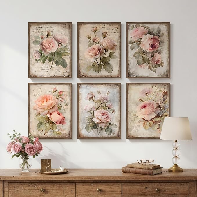 Framed Vintage Floral Wall Art, Set of 6 Boho Pink Rose Flower Canvas Painting Prints Artwork for Rustic Farmhouse, Retro Botanical Pictures for Bedroom Living Room Office Home Decor, 11x14