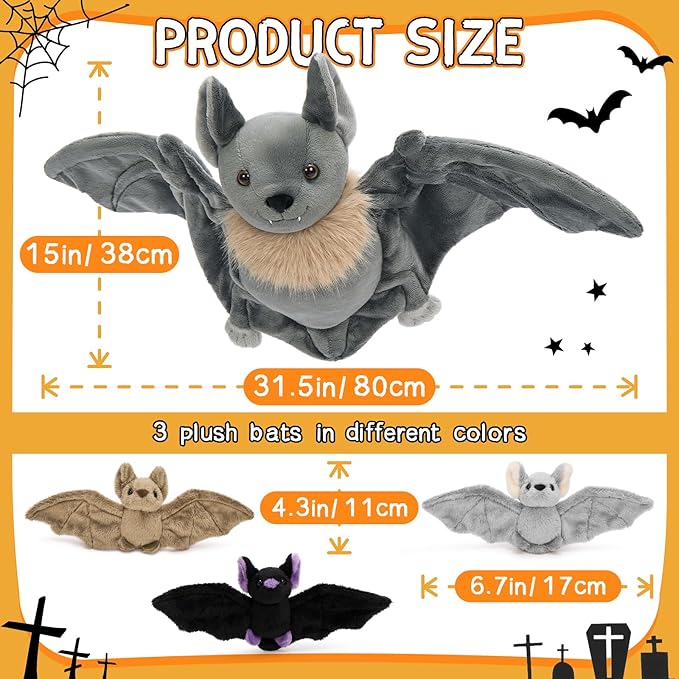 Tezituor 4Pcs Realistic Goth Bat Stuffed Animals Set, 32inch Large Mommy Stuffed Bat with 3 Cute Babies for Boys Girls, Hugging Soft Gothic Bats Plush Toy Gift for Halloween Christmas Party