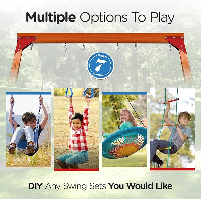 Dolphin Playground Wooden Swing Sets for Backyard, Family DIY Kit for Any Swings, Outdoor Playset for Kids with Trapeze Swing Bar and 2 Belt Swings, Heavy Duty Playground Accessories, Ages 3-10