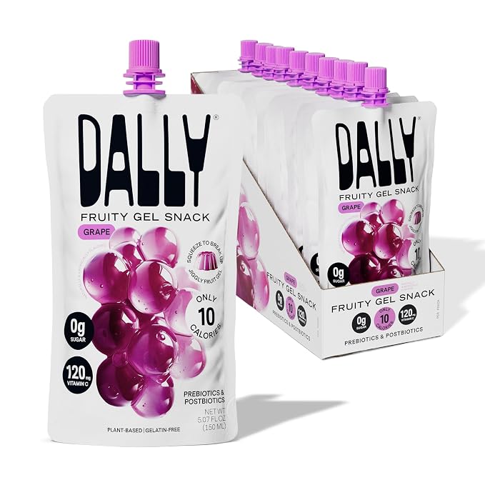 Dally Grape Drinkable Konjac Jelly, 10 Pouches, Korean Fruit Snack | Sugar free, keto and gluten free; prebiotics, postbiotics and vitamin C for skin and immune health