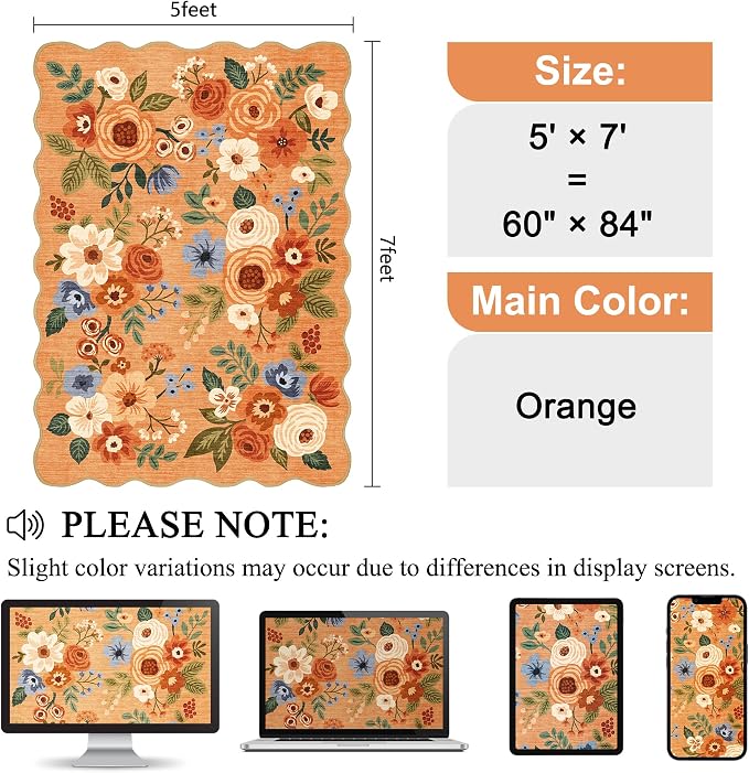 DUKINO 5x7 Area Rugs for Bedroom, Floral Washable Rug Non Slip, Orange | Low Pile, Soft, Stain Resistant Throw Rugs for Living Room, Dining Room, Office, Nursery, Pet Friendly, Modern Home Decor