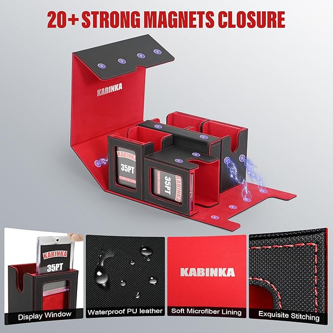 Kabinka Card Deck Box for MTG Commander, Holds 400+ Double-Sleeved Cards, 5 IN 1 Detachable Card Case with Dice Tray, Fits Magic/TCG Cards, 4 Magnetic Card Holders & Dividers (Black Red)