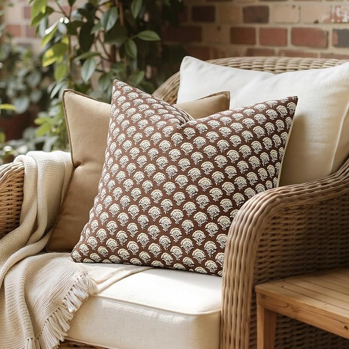 MIULEE Fall Floral Print Decorative Pillow Covers 20x20, Dark Brown | Vintage Boho Farmhouse Modern Home Decor, Set of 2, Block Print Cushion Covers for Couch Sofa Bed Living Room