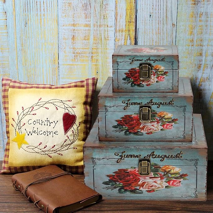 Jolitac Wood Storage Box Set of 3, Vintage Decorative Nesting Boxes Wooden Treasure Storage Crates With Latch, Home Decor Rustic Antique Boxes With Lid for Photos, Jewelry, Cash (Bloom)