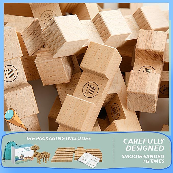 15 in 1 Educational Wooden Building Blocks - 42 Pcs Assembled into 15+ Different Shapes, STEM Toy Gift for Kids, Learning Toys for Ages 3+ and Adults