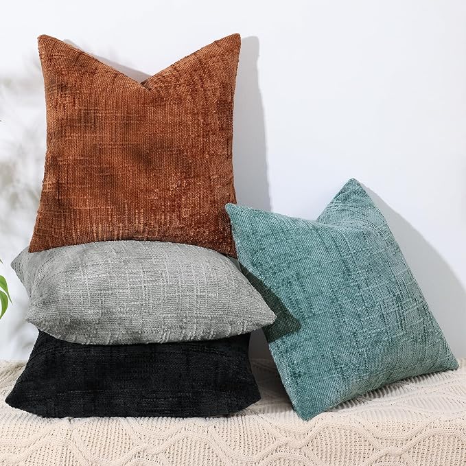 decorUhome Textured Chenille Throw Pillow Covers 26x26 Set of 2 Black | Fall Modern Farmhouse Soft Cozy Slubby Couch Pillow Cases Boho Decorative Pillow Cases for Bed Sofa Living Room Home Decor