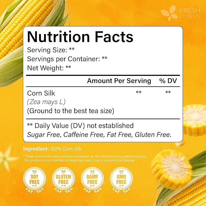 FreshDrinkUS, Premium 40 Tea Bags Corn Silk Tea, 100% Natural & Pure from Corn Silk. Corn Silk Herbal Tea. Clean Ingredients. Made with Natural Material Tea Bags. No Sugar, No Caffeine, Vegan.