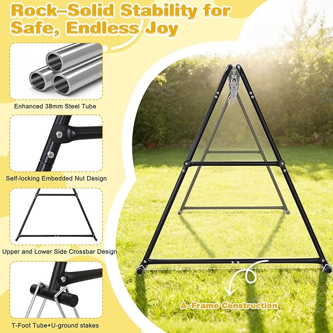 3-in-1 Swing Set for Backyard for Kids, with 1 Platform Swing, 2 Belt Swing, 600lbs Metal Swing Set for Toddler, Heavy-Duty Swing Stand w/8 Ground Stakes, Outdoor Swingset for Kids Adults (Black)
