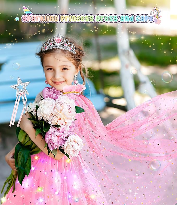 Light up Princess Dress up Clothes for Little Girl, Unicorn Princess Cape Princess Dresses Crown Toy for 3 4 5 6 Girls