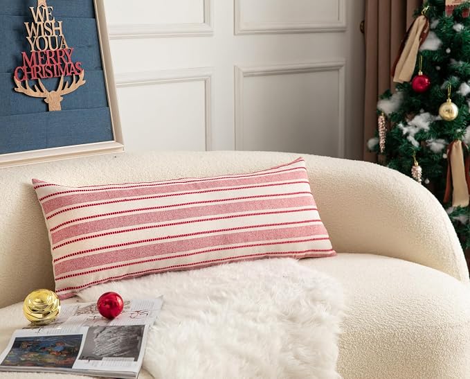 Valentines Lumbar Pillow Covers, Boho Textured Long Accent Pillow Case, Red Pillow Covers 14 x 36 Inch Valentines Day Decoration, Chair Sofa Bedroom Living Room Home Decor Cushion Case, Pack of 1