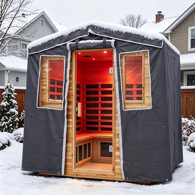 LTCCDSS 5-Person Outdoor Sauna Cover, 3-Layer Oxford Cloth Waterproof Protector | Hook & Loop Roll-Up Door, Heat Retention & Dustproof, Fits Hillside Roof Sauna Within 81.1 * 60.6 * 83.5 Inch