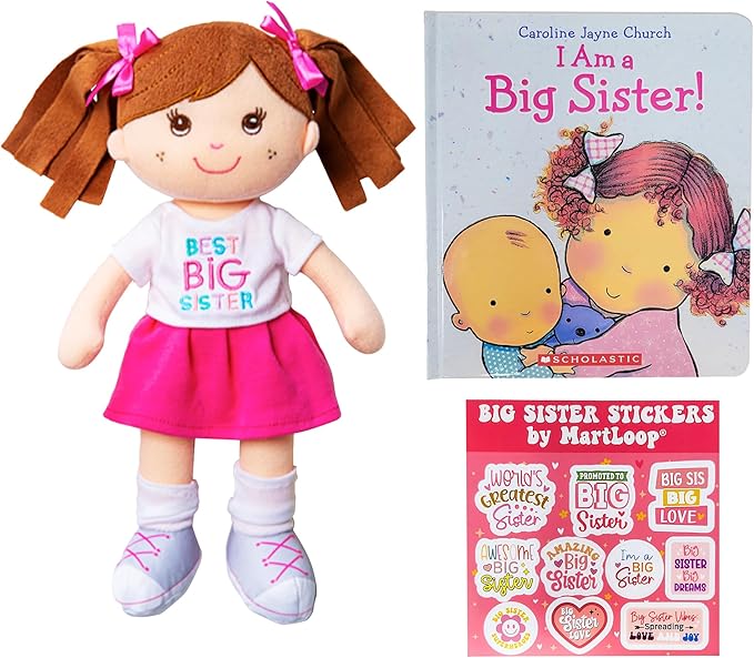 MartLoop Best Big Sister Doll Bundle - Includes Doll, Book, and Stickers – Perfect Sibling Gift from Baby or Toddler, 3 Piece Bundle