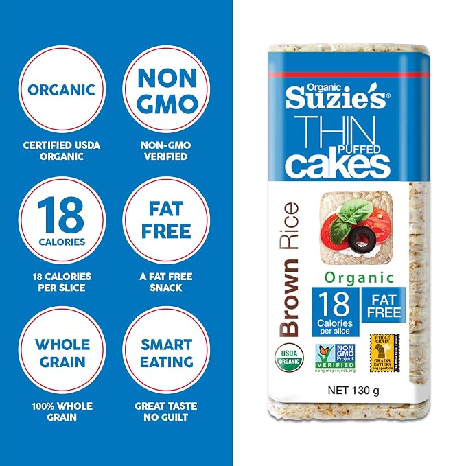 Suzie's Organic Brown Rice Cake Thins|12 Pack|Unsalted Sodium Free|USDA Organic, NON-GMO, Fat-Free, Sugar-Free, Gluten-Free|Low-Calorie Snack-16 Calories Per Slice|Bread & Cracker Replacement