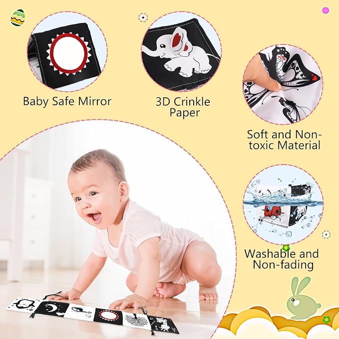 Black & White High Contrast Newborn Toys - Tummy Time & Brain Development - Soft Book, Montessori Sensory Toys (0-12 Months) Gift