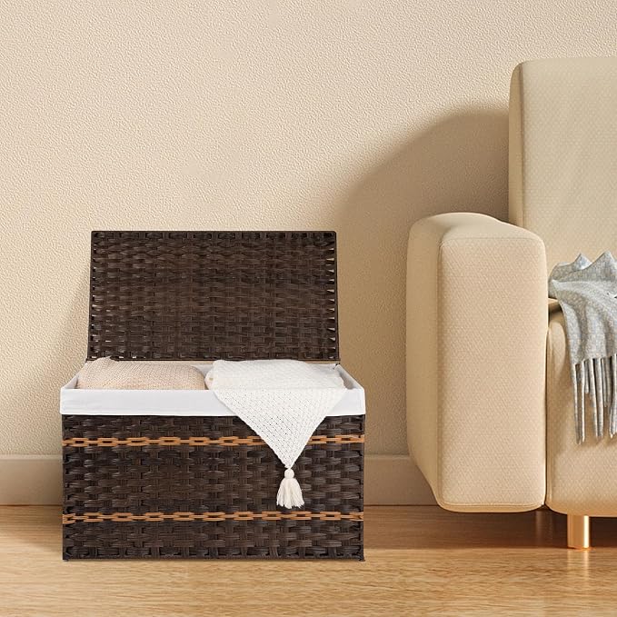 OIAHOMY Storage Basket with Lid, 42.3 Gallon (160L) Blanket Basket with Removable Liner Bag, Synthetic Wicker Hamper with Handle, Hamper for Living Room, Brown