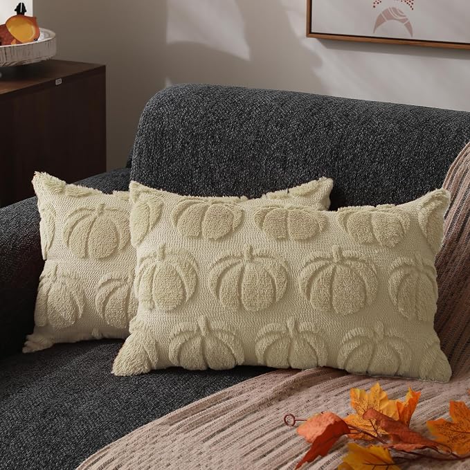 DFXSZ Fall Pillow Covers 12x20 2Pcs Beige Pumpkin Fall Decorations for Home | Fall decor Set of 2 Throw Pillow Cases Soft Plush Faux Fur Wool Couch Cushion for Chair Sofa Bedroom Living Room Home Decor