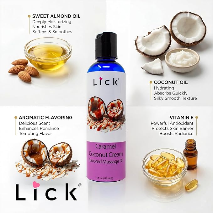 Lick Caramel Coconut Cream Flavored Massage Oil – Tropical Edible Massage Oil with Sweet Almond Oil & Vitamin E, Hydrating Body-Safe Formula for Relaxing Couples Massage, 4 oz