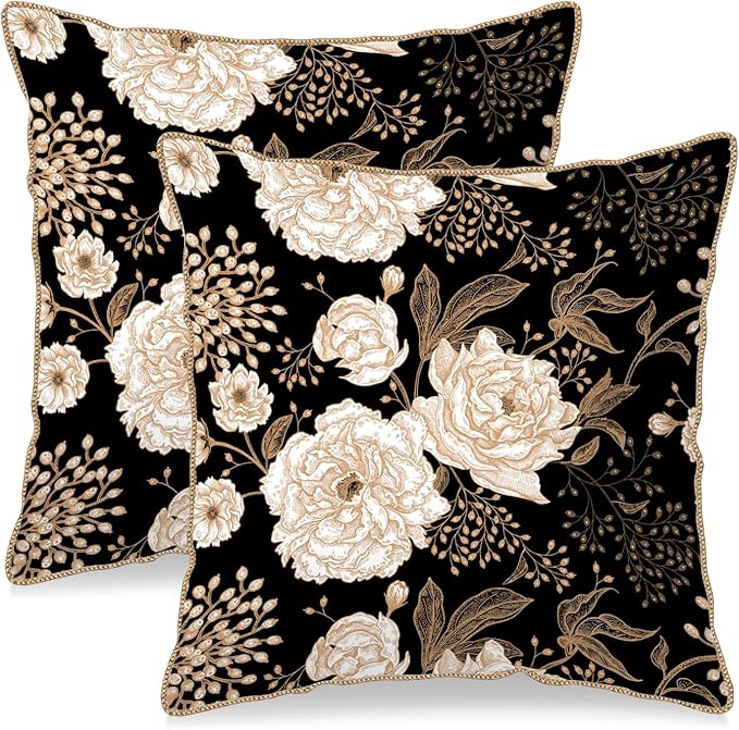 KSLIDS Vintage Peony Roses Floral Soft Velvet Throw Pillow Covers Set of 2 White Roses Flower Bloom Leaves Decorative Pillow Covers 20x20 Inch Black Gold Cream Pillow Case for Sofa Couch Home Decor