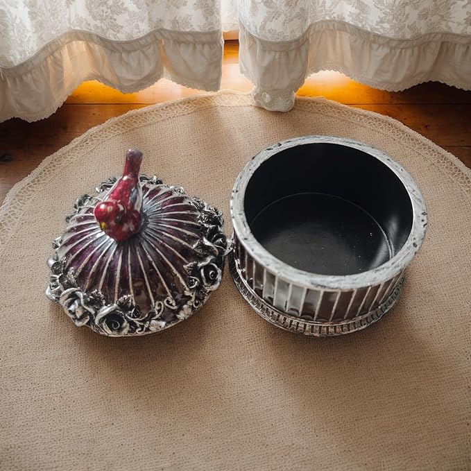 Vintage Birdcage Jewelry Box, Trinket Keepsake Holder with Red Bird & Black Roses, Antique Silver Resin Decorative Storage Container for Rings, Earrings, Vanity & Shelf (bird)