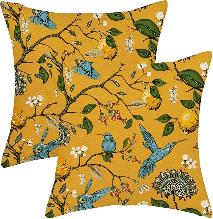 Chinoiserie Pillow Covers 18x18 Set of 2 Mustard Yellow Bird Floral Throw Pillows Vintage Yellow Lemon Flowers Decorations Pillowcase Outdoor Chinoiserie Decor Linen Cushion Case for Couch Home