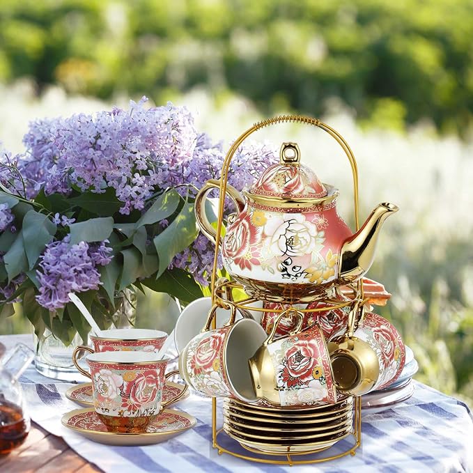 Zhehao 20 Pcs Porcelain Tea Set with Metal Holder and Spoon Adult Ceramic Tea Set European Flower Painting Teapot Cup Saucer Spoon for Women Mom Gift, Large Version (Noble Style)