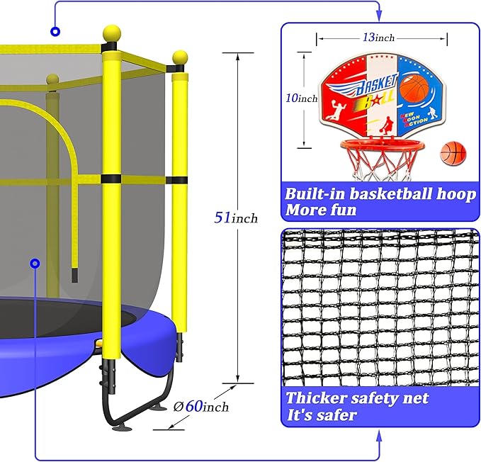 VGMiu 60" Trampoline for Kids, 5 FT Indoor & Outdoor Toddler Baby Trampoline with Basketball Hoop, Safety Enclosure, Birthday Gifts for Kids, Gifts for Boy and Girl, Age 3-8
