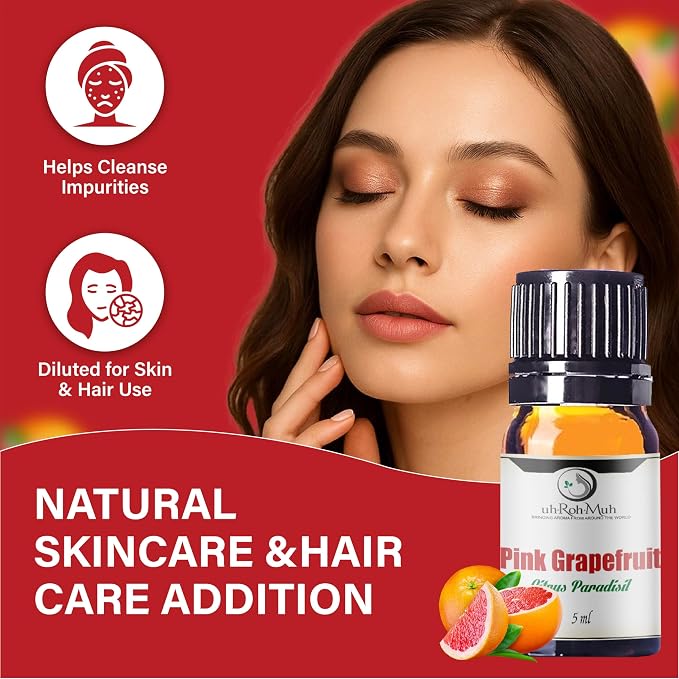 Pink Grapefruit Essential Oil Cold Pressed Citrus Paradisi Peel Oil Fresh Citrus Aroma Top Note Essential Oil for Aromatherapy Diffuser Skincare Haircare and Natural DIY Cosmetic Blends - 5 ml