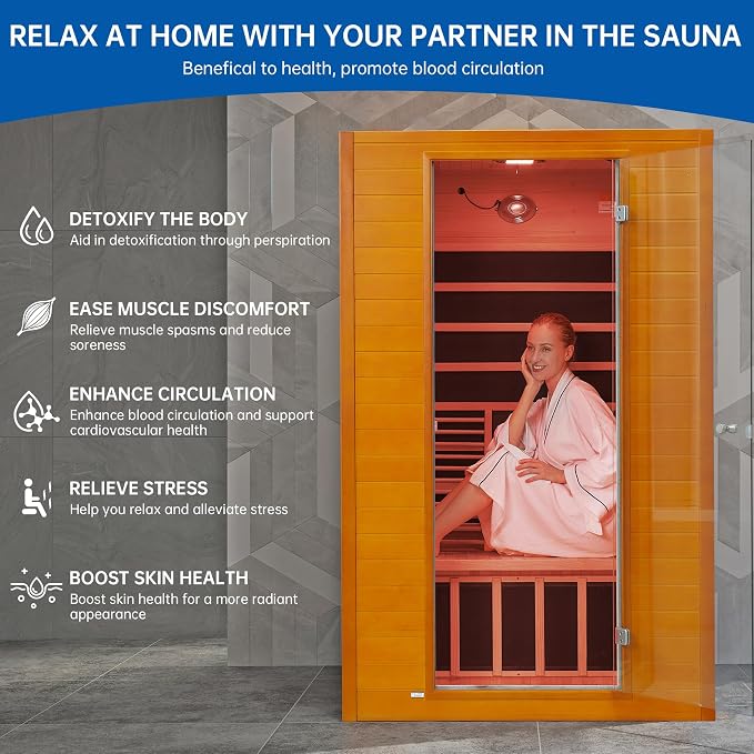 Infrared Sauna Room for Home, Near Zero EMF Wooden 2 Person Indoor Infrared Sauna at Home with Bluetooth, LCD Control Panel, Chromo Therapy Light