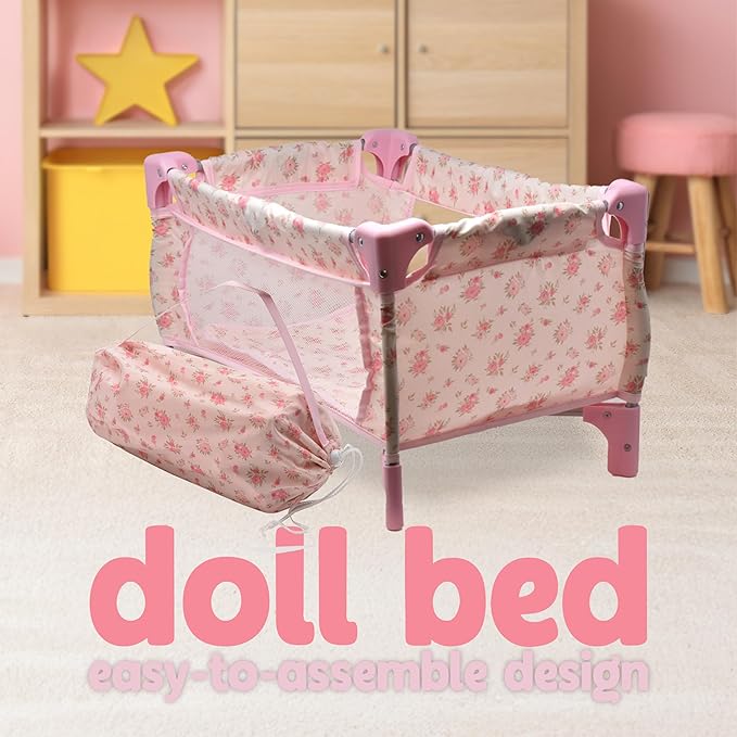 Baby Doll Stroller Bed and Seat Nursery Playset, Baby Doll Accessories Furniture Set High Chair Diaper Bag Role Play Deluxe Baby Doll Floral Set