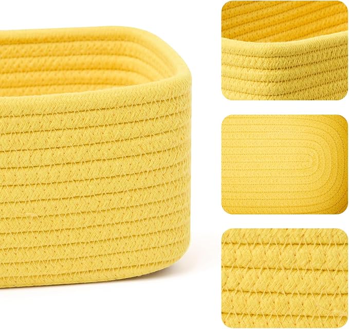 MiniArk Small Storage Baskets for Organizing | Closet Organizer Bins | Shelf Toy Basket | Woven Rope Baskets | Cube Decorative Box | Shallow Basket | 11.5x7.5x4.7” | 3 Packs Yellow