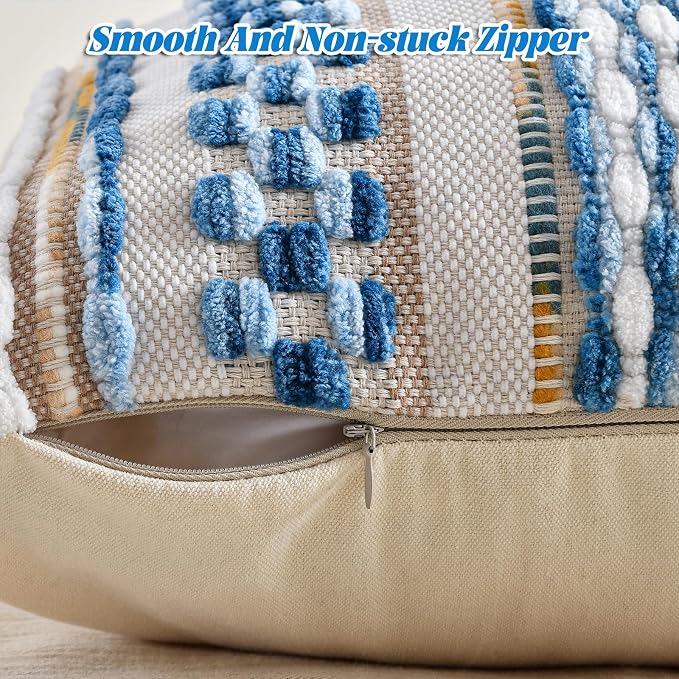 Chenille Striped Textured Boho Throw Pillow Covers Aesthetic with Tassels Woven Decorative Pillow Case for Couch Bed Sofa Bedroom Modern Funky 18 x 18-Inch Sky Blue