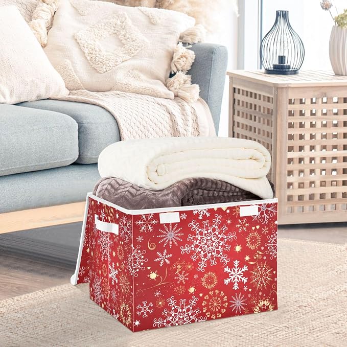 Christmas Snowflakes Storage Bins with Lids and Carrying Handle,Foldable Storage Boxes Organizer Containers Baskets Cube with Cover for Home Bedroom Closet Office