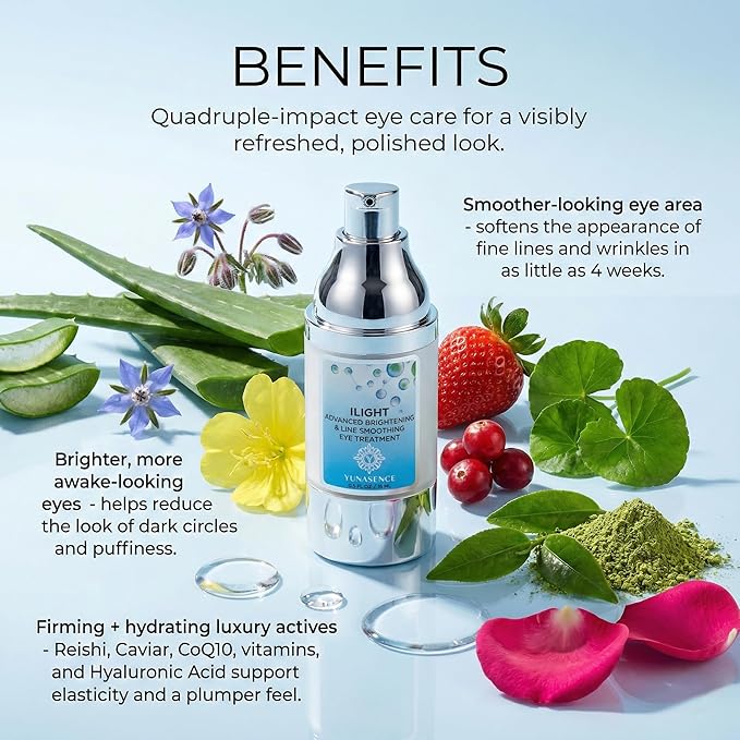 YUNASENCE ILIGHT Organic Advanced Illuminating & Line Smoothing Eye Treatment, 0.5oz. For Dark Circles, Puffiness, Fine Lines.