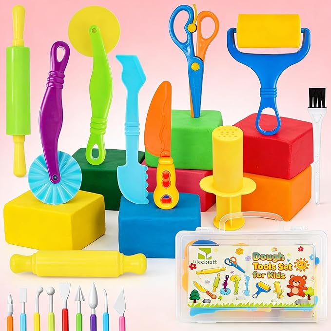 Kleeblatt Dough Tools Set for Kids - 31 Pcs Playdough Kit with 9 Basic Dough Tools,12 molds,9 Double-Headed Clay Carving Tools& Cleaning Brush, Safe for Toddlers Ages 2-8, for Clay/Plasticine/Sand