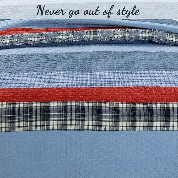 Cozy Line Home Fashions Sailor Navy Striped 100% Cotton Reversible Bedding Quilt Set, Coverlet Bedspread for Boys Kids (Navy/Red, Twin - 2 Piece)