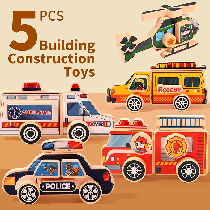 Emergency Vehicle Building Toys,Rescue Squad Wooden Magnetic Connection Building Blocks for Kids 3-8, Montessori Take Apart Toy - Fine Motor Building Toy Gift for 3 4 5 Years Old Kids