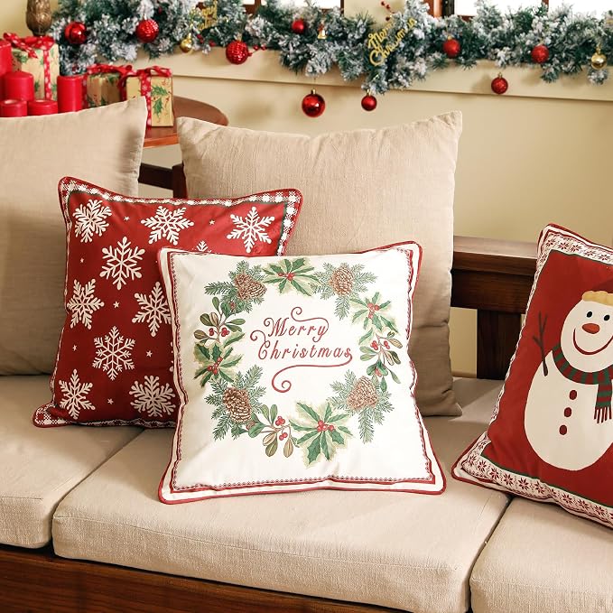 Designer Chrismas Velvet Throw Pillow Cover,18"x18"-Carol A | Vintage Square Pillow Cover,Concealed Zipper Design,Pinecones Pattern,Sofas,Bedroom,Living Room,Lounge Chairs,Decor