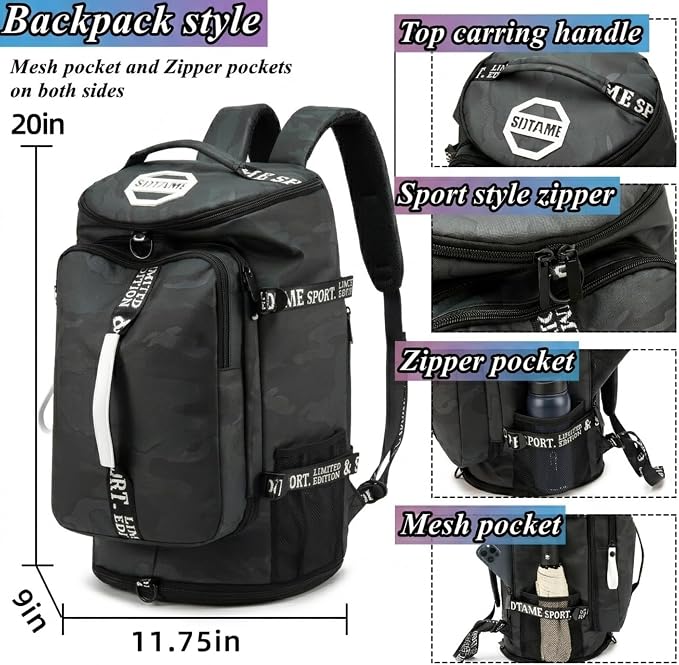 Gym Duffle Bag Backpack with Shoe Compartment,4 ways Travel Backpack for Women and Men,Multi-Functional Weekender bag with Waterproof Layer&Laptop Compartment for Fitness, Travel,Camping