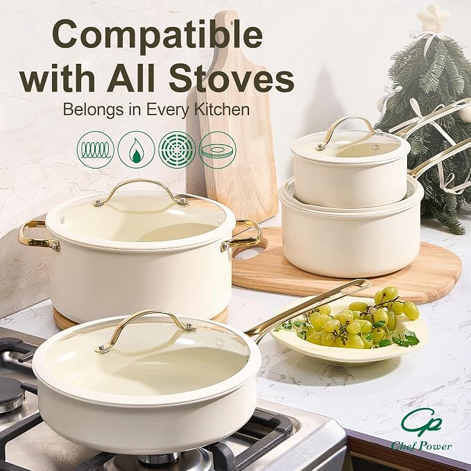 Chef Power Ceramic Frying Pan with Stainless Steel handle 5Pcs Set, Non Stick Grill Pan Set, Dishwasher and Oven Safe, Cream White and Light Gold Handle