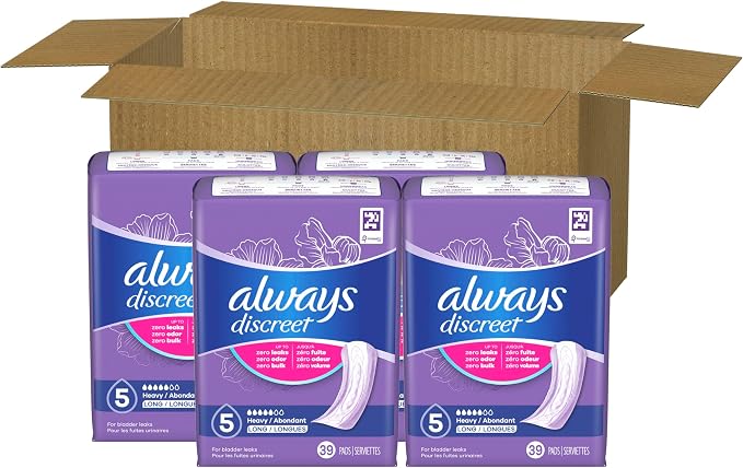 Always Discreet Adult Incontinence Pads for Women, Drier, 5 Drop Long Length, Heavy Absorbency, Pads for Bladder Control Management, Bladder Leaks, & Postpartum Pads, 156ct