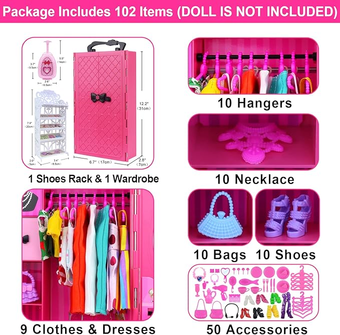 Ecore Fun Fashion Doll Closet Wardrobe for Doll Clothes and Accessories Storage - Lot 102 Items Include Clothes, Dresses, Shoes, Bags, Necklace, Shoes Rack, Hangers for 11.5 Inch Girl Doll Clothes