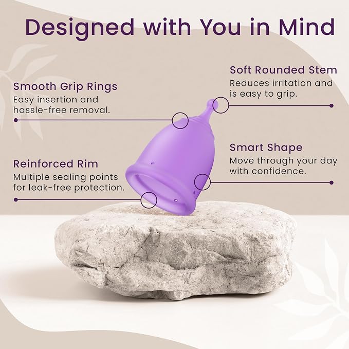 EcoBlossom Reusable Menstrual Cup and Case - The Most Reliable Medical Grade Silicone Period Cups - Comfortably use for 12 Hours (Large (Pack of 2), Round Stem & Case)