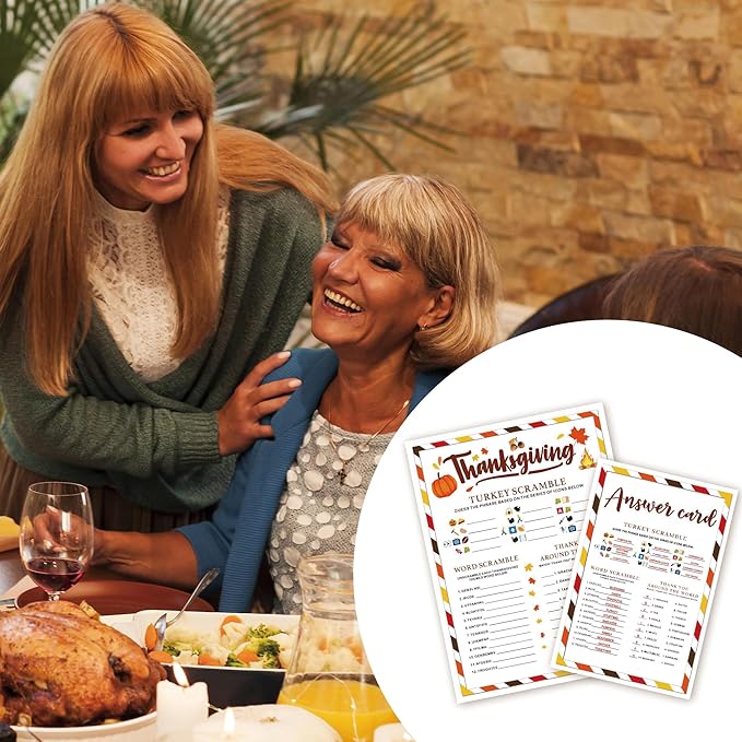 Thanksgiving Party Games Cards - Turkey Scramble Word Scramble Thank You Around The World - 3-in-1 Game Cards with Answer Card for 30 Guests, Turkey Dinner Party Activity for Teens Adults