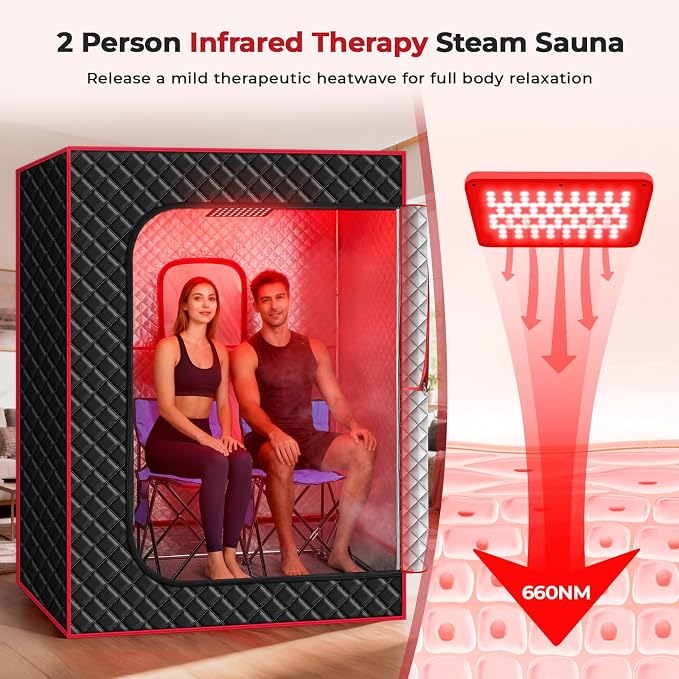 Morfone 2 Person Portable Infrared Steam Sauna with 660nm Red Light Therapy Lamp & 2 Steamers 2 Folding Chairs, Full Body Sauna Spa Tent at Home for Relaxation, 71"x 49"x 36",Black