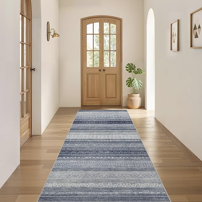 Nakagishi Boho 2x6 Runner Rug Machine Washable Rugs Non Slip Denim Blue | Soft Underfoot, Stain Resistant, Carpet for Bedroom/Kitchen/Entryway/Hallway, Bathroom Pet & Kid Friendly Moroccan Farmhouse