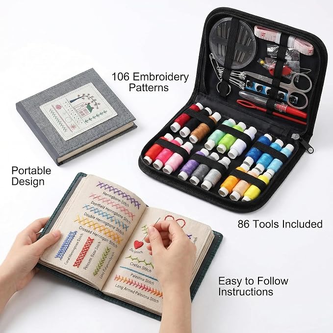 Embroidery Stitch Book & Complete Kit for Beginners, Embroidery Hoop with 86 Tools 65 Water-Soluble Patterns 106 Stitches Guides, Portable Craft Set for Adults DIY Lovers