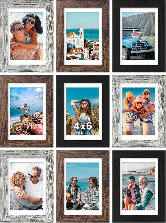 Vittanly 4x6 Picture Frames Set of 9, Wall & Tabletop, Black&Brown&Grey | Display Pictures 3.5x5 with Mat or 4x6 without Mat, Small Photo Frames, Engineered Wood with Shatter Resistant Plexiglass