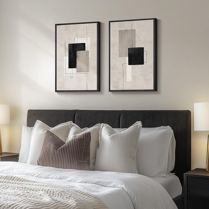Framed Neutral Black Beige Abstract Wall Art Set of 2, Modern Minimalist Canvas Prints Paintings Artwork for Walls, Block Lines Pictures for Living Room Dining Room Bedroom Office Wall Decor 16x24 In