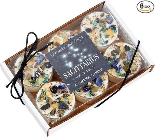 Sagittarius Zodiac Candle (Nov. 22 - Dec. 21) - Soy Candle - All Natural Aromatherapy Candle - Sagittarius Horoscope Candle - Crystal Candles - Set of 6 Tealights