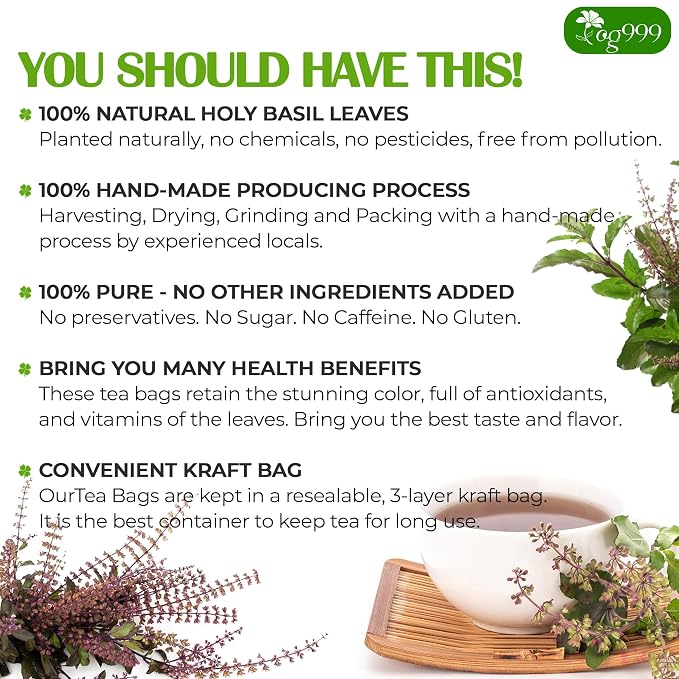 TOG999, Premium 120 Holy Basil Leaf Tea Bags, 100% Natural & Pure Holy Basil Leaves. Loose Leaf Holy Basil Herbal Tea. Holy Basil Leaf Tea. No Sugar, No Caffeine, No Gluten, Vegan.